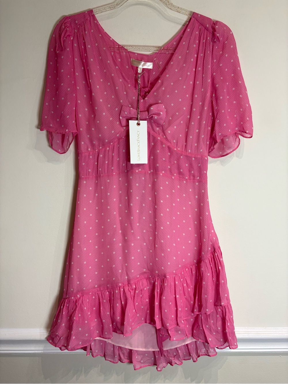 LoveShackFancy NWT Azreal Mini Dress Ruffled Polka-Dot Belted Hot Pink Cherry 4 - Picture 7 of 12